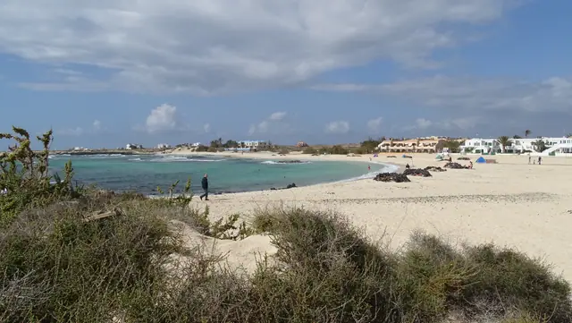 Playa del Marfolín beach in Fuerteventura, featuring a sandy shoreline with wavy water conditions
