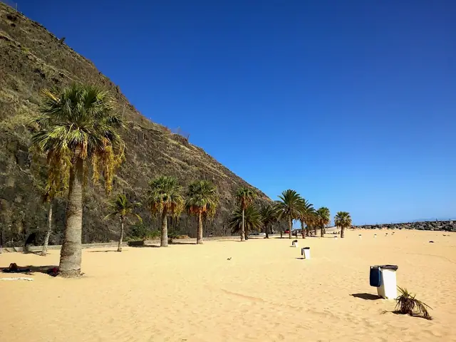 Playa de las Teresitas beach in Tenerife, featuring a sandy shoreline with calm water conditions