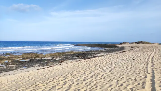 Playa de Larga beach in Fuerteventura, featuring a sandy shoreline with surfable water conditions